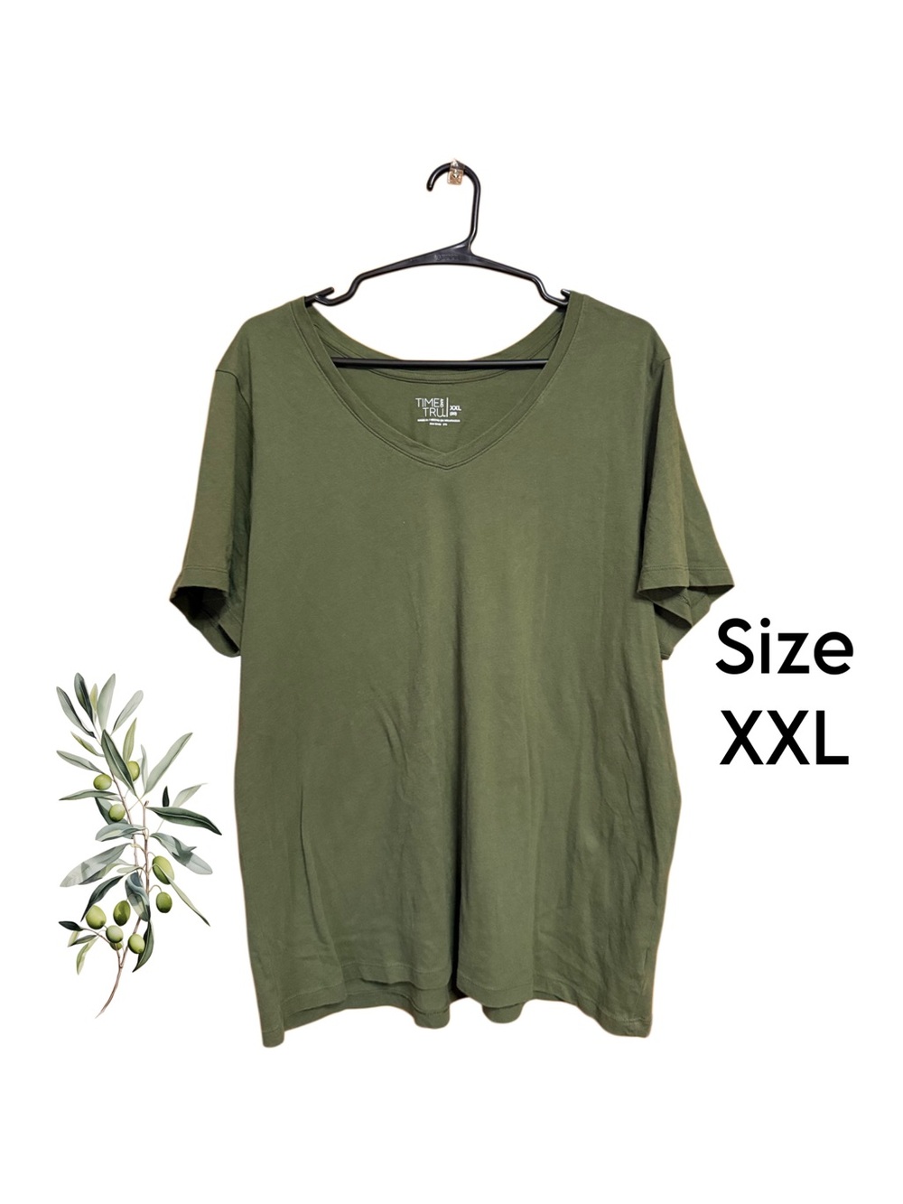✨🖤 Time and Tru Olive Green V-Neck Tee XXL Soft Everyday Basic Top 🖤✨